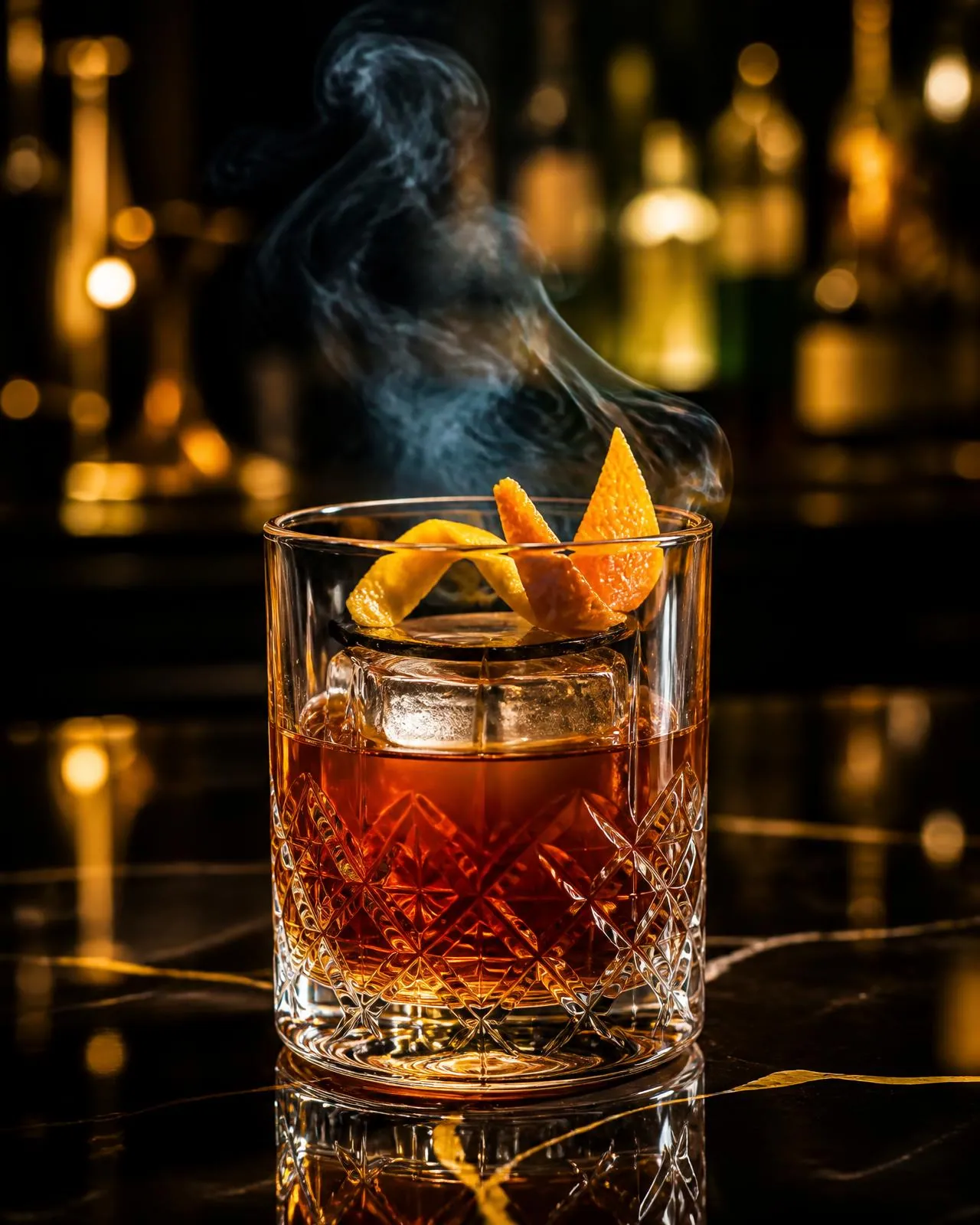 Signature Cocktail der Bloom Bar mit klarem Eiswürfel, Orangenzeste und Rauch