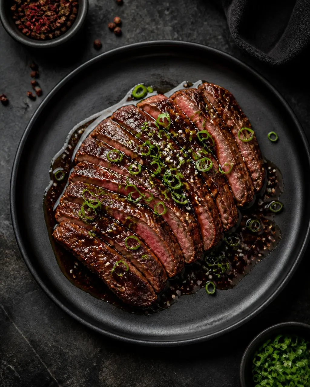 Dry-Aged Striploin Steak auf schwarzem Keramikteller